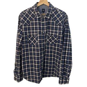 Gap Plaid Pearl Snap Western Shirt Men L Brown Long Sleeve Cowboy Lightweight